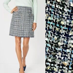 Ann Taylor Tweed Mini Skirt Size 14 Teal Plaid Shimmer Fringe Pockets Preppy NWT